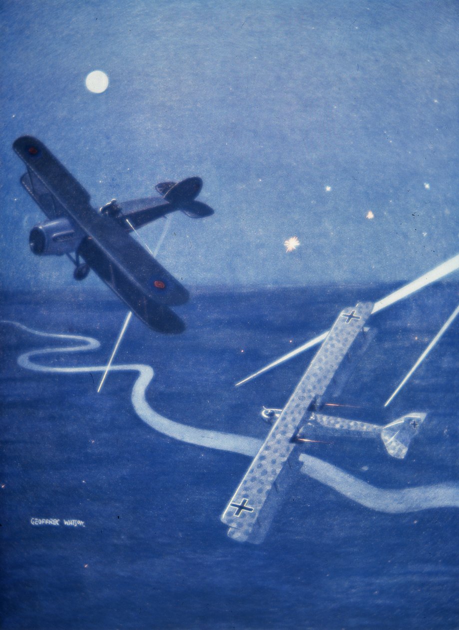 Un caça de Bristol ataca un bombarder alemany Gotha sobre Londres de nit (litografia en color) finlandès tekijältä Geoffrey Watson