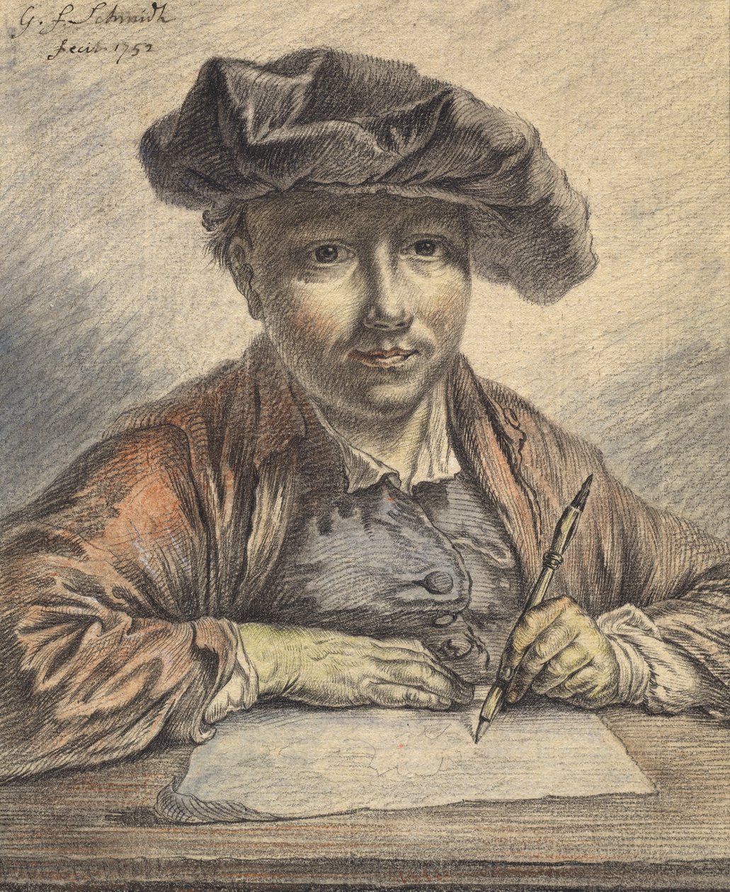 Omakuvapiirros, 1752 (musta ja punainen liitu akvarelleilla, pastellilla, kynällä ja mustalla musteella) tekijältä Georg Friedrich Schmidt
