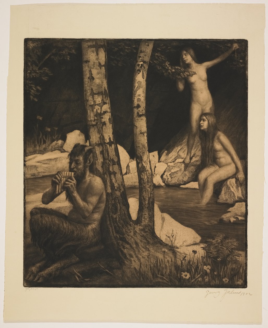 Flötender Faun (etsaus ja mezzotint) tekijältä Georg Jahn