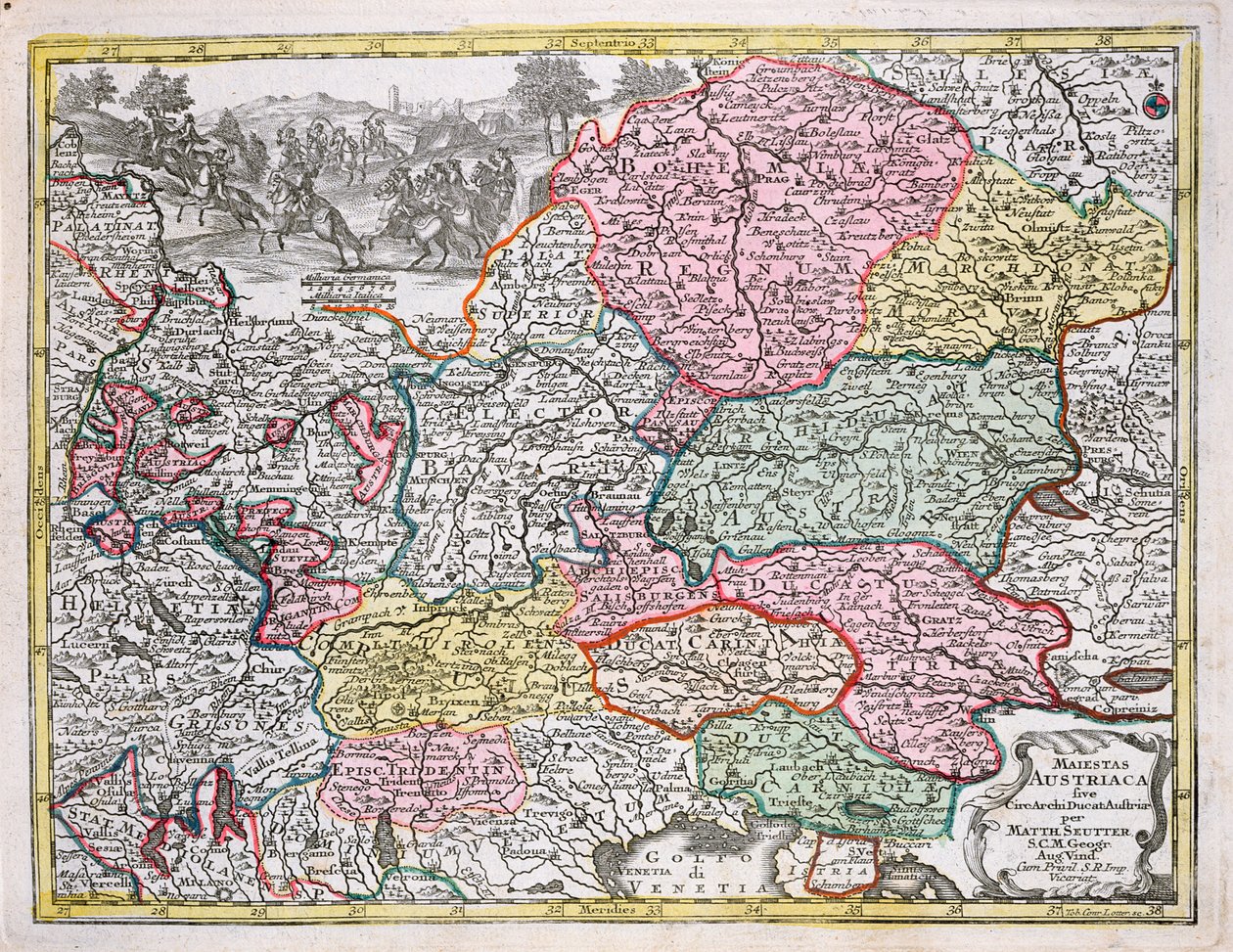 Itävallan valtakunnan kartta, n. 1750 (värikaiverrus) tekijältä Georg Matthäus Seutter