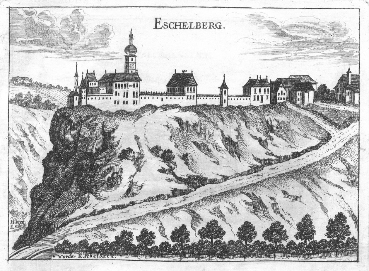 Kaiverrus, näkymä Eschelbergin linnaan tekijältä Georg Matthäus  Vischer