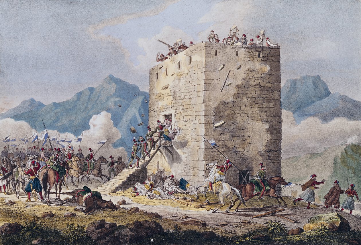 Neljänkymmenen kreikkalaisen kapinallisen vastarintaa Theban tornissa vuonna 1833 tekijältä Georg Melchior Kraus