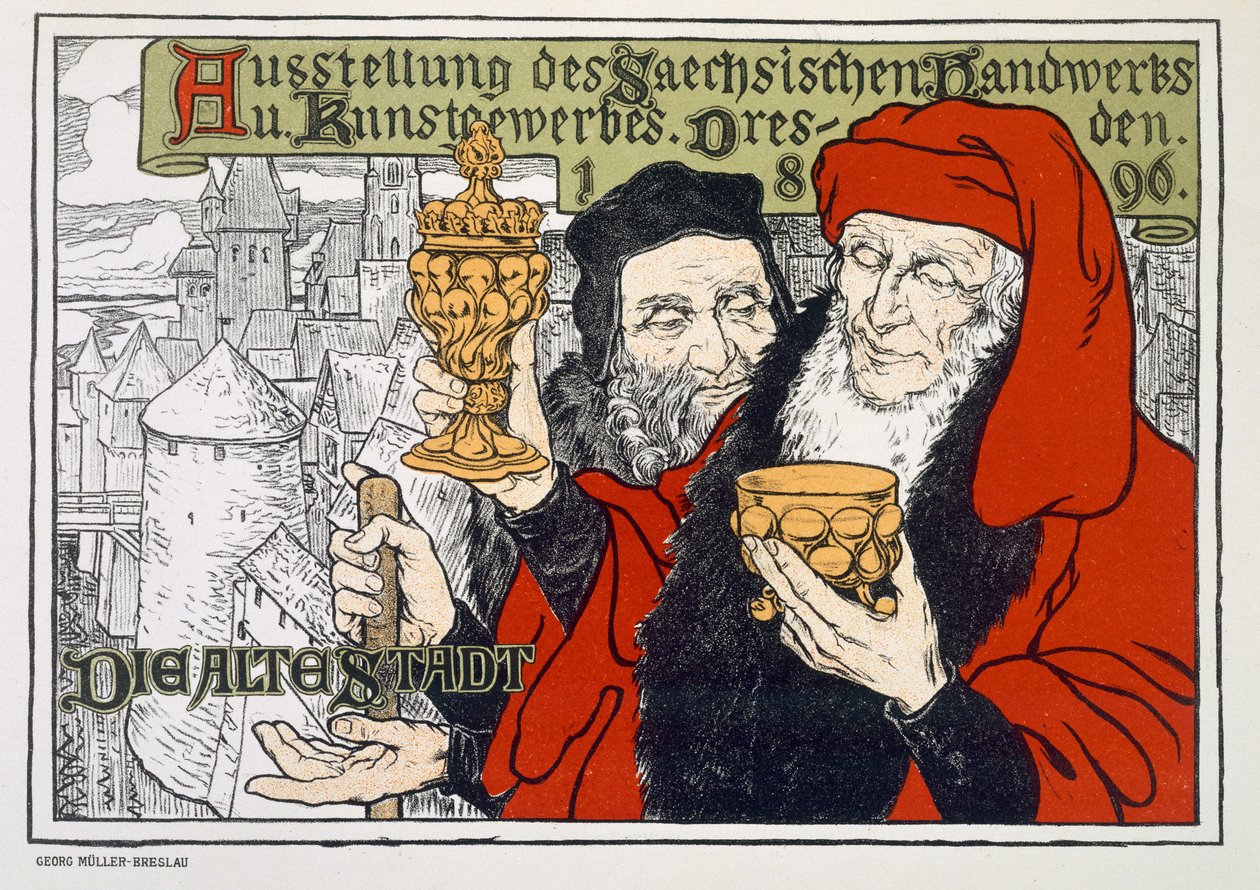 Juliste mainostaa taide- ja käsityönäyttelyä Dresdenissä, Saksassa, joka pidetään vanhassakaupungissa, 1896 tekijältä Georg Muller Breslau