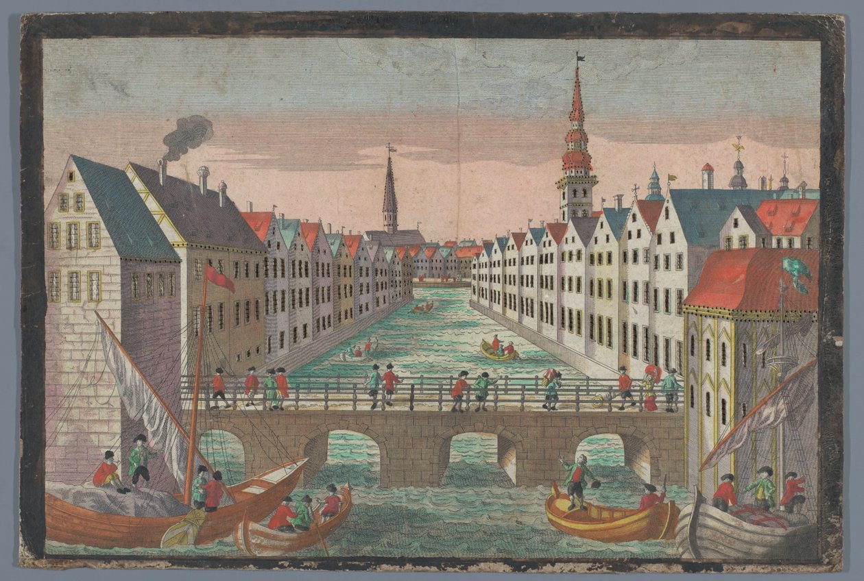 Näkymä Nikolaifleetistä Sankt Nikolaikirchea vastapäätä Hampurissa Prospekti St. Nicolai Kirche zu Hamburgia vastaan tekijältä Georg Balthasar Probst (possibly)