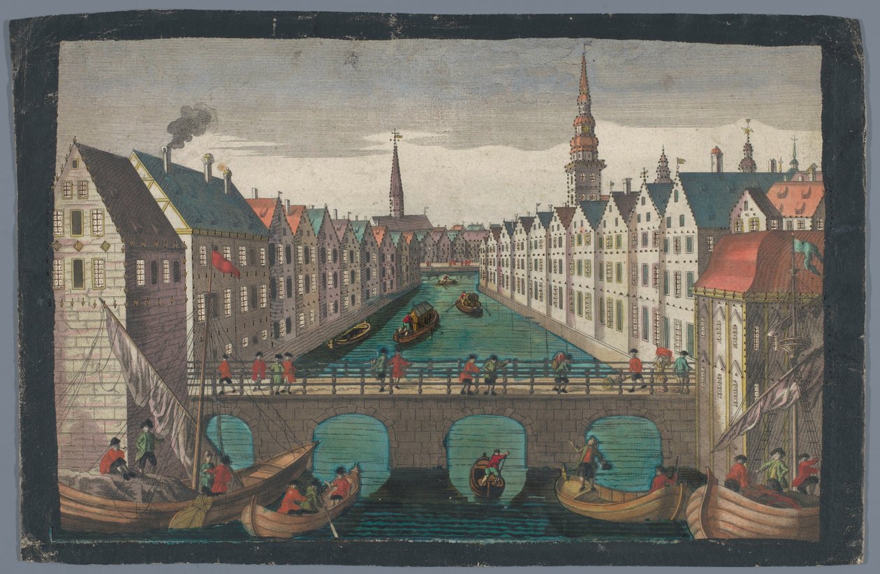 Näkymä Nikolaifleetistä Sankt Nikolaikirchea vastapäätä Hampurissa Prospekti St. Nicolai Kirche zu Hamburgia vastaan tekijältä Georg Balthasar Probst (possibly)