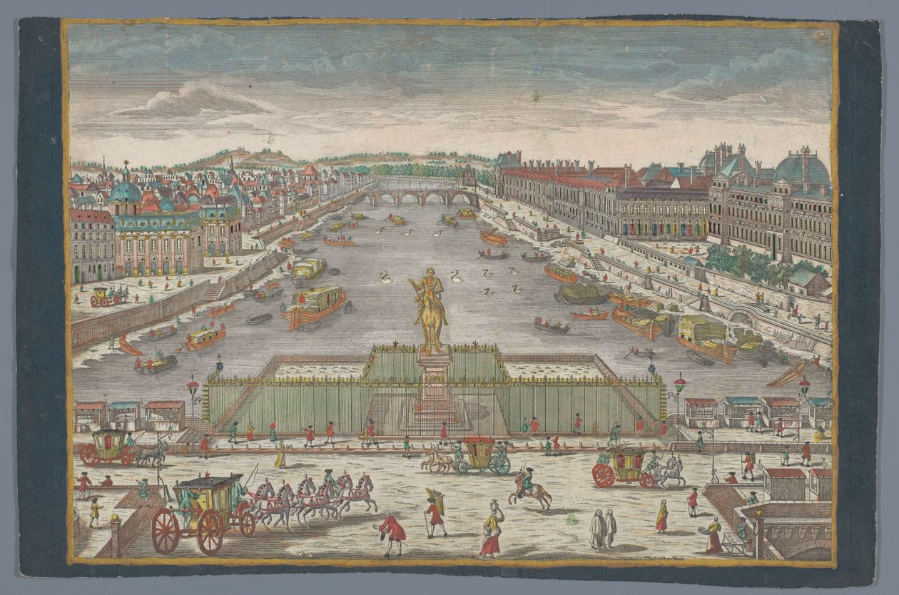 Näkymä Pont Neufille Seine-joen yli Pariisissa, kohti Pont Royalia Gesicht der Neuen Bruck, gegen der Königl. Bruck zu Paris tekijältä Georg Balthasar Probst (possibly)