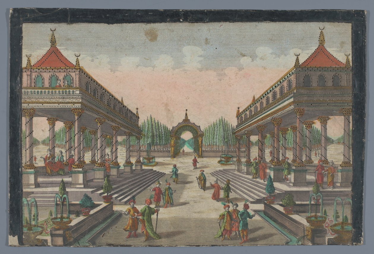 Näkymä pylväikköstä kohti sypressipuutarhaa Konstantinopolissa Colonnata Groß-Sultans Lust-Gartenissa tekijältä Georg Balthasar Probst (possibly)