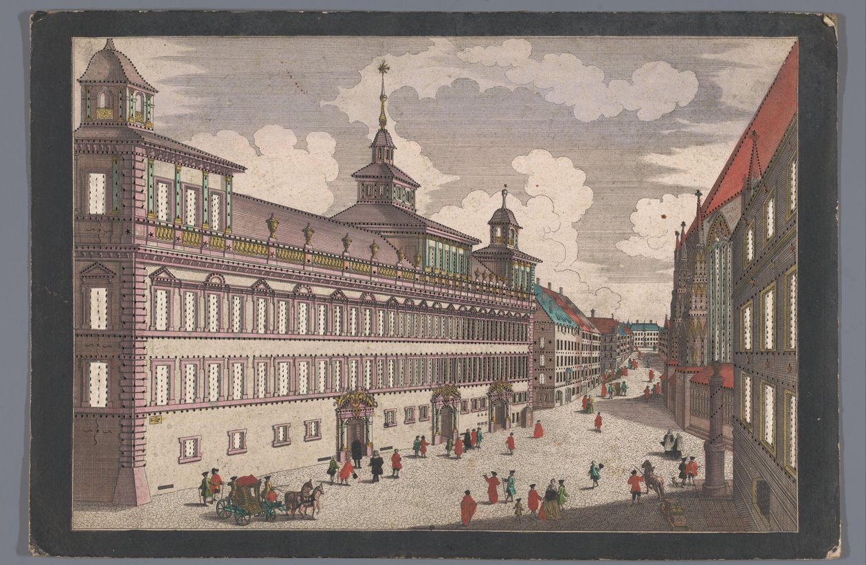 Näkymä Nürnbergin kaupungintalolle Das Rathhauß zu Nürnberg gegen dem Marckt tekijältä Georg Balthasar Probst (possibly)