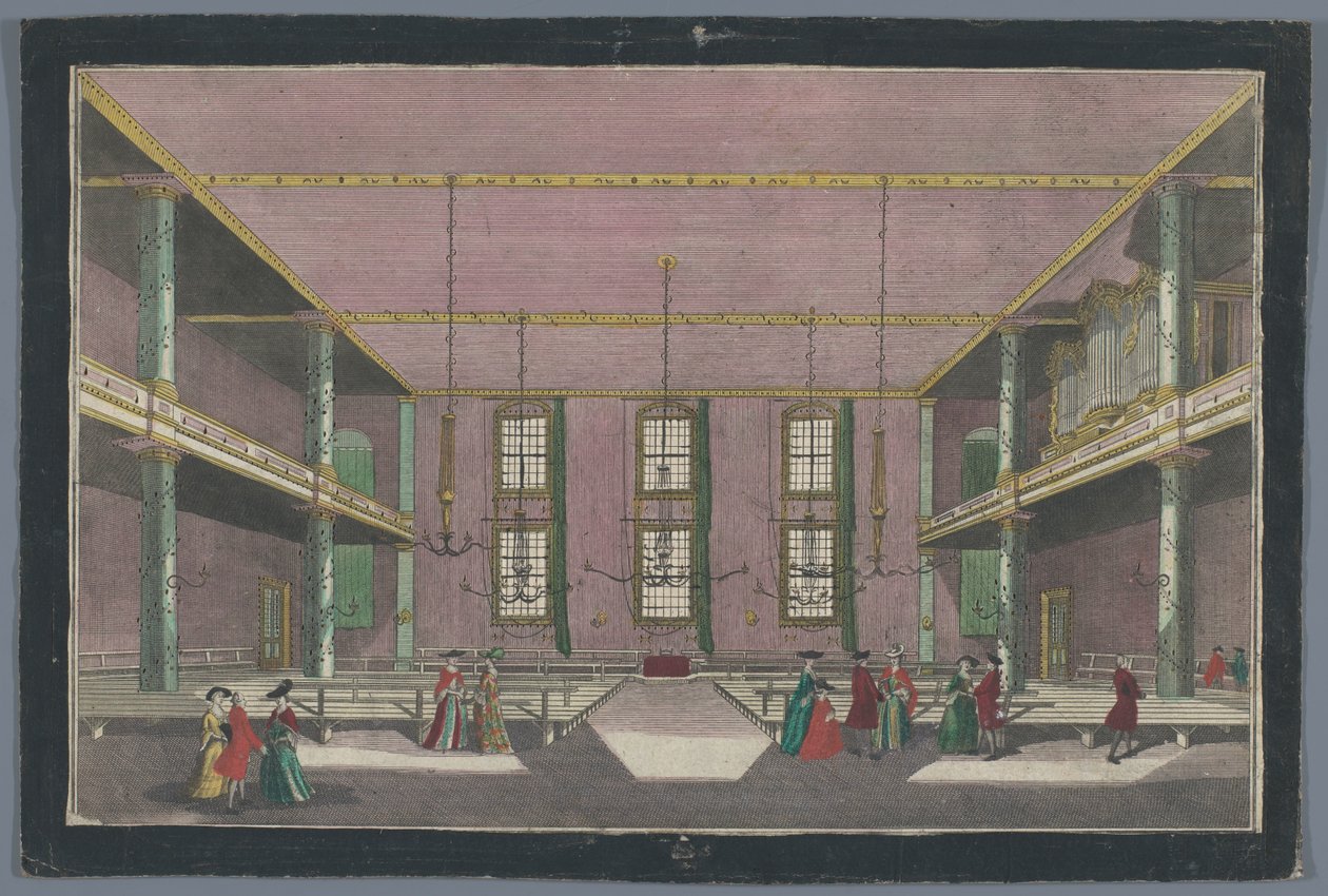 Näkymä Kerk van de Broedergemeenten sisätiloihin Zeistissä Veliyhteisön kohtaamispaikka Zeyst von Innenissä tekijältä Georg Balthasar Probst (possibly)