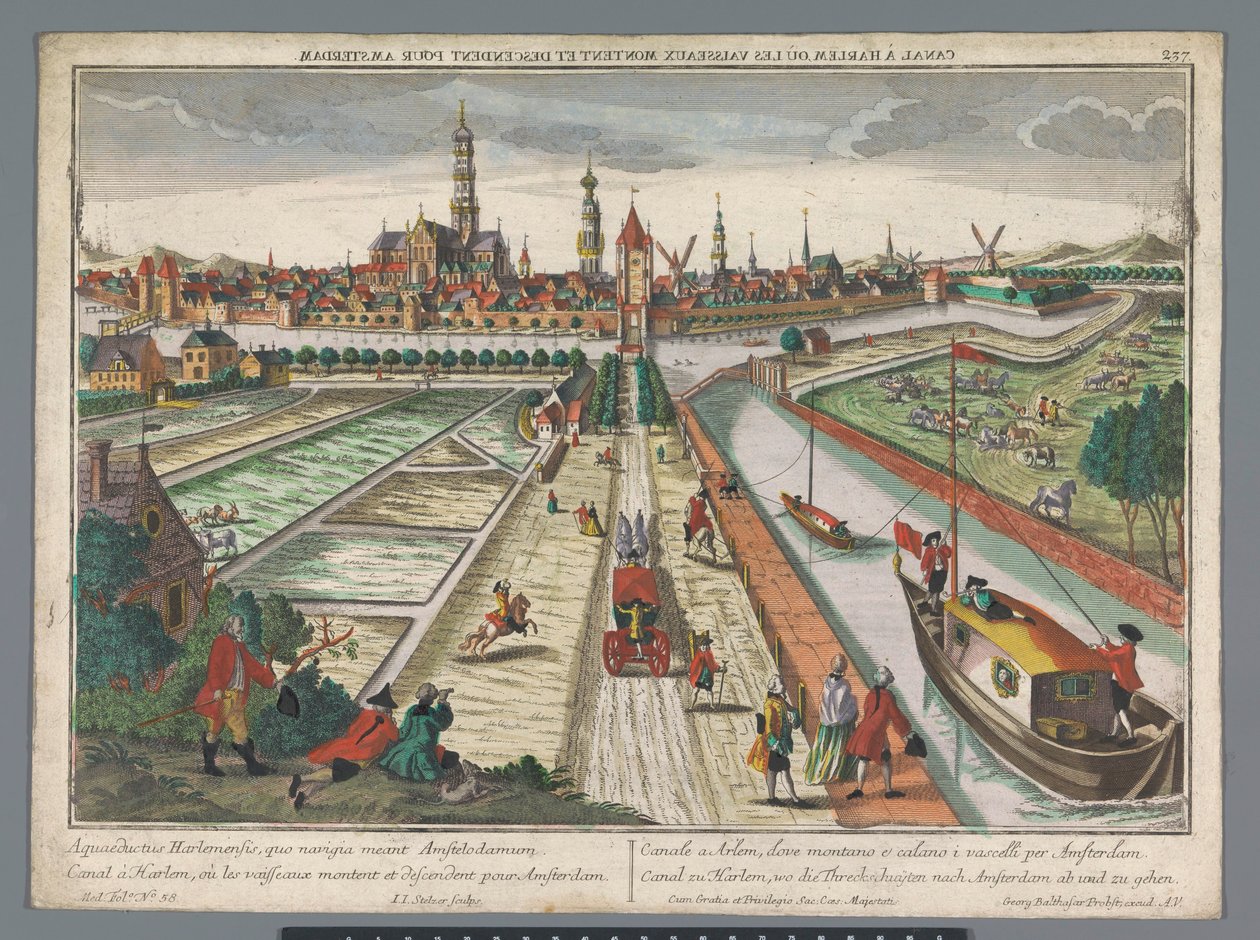 Näkymä Amsterdamin kanavalle Haarlemissa Canal zu Harlem, ke die Threckschuijten Amsterdamin jälkeen ab und zu gehen (otsikko esineessä) Haarlem (sarjan nimi) tekijältä Georg Balthasar Probst