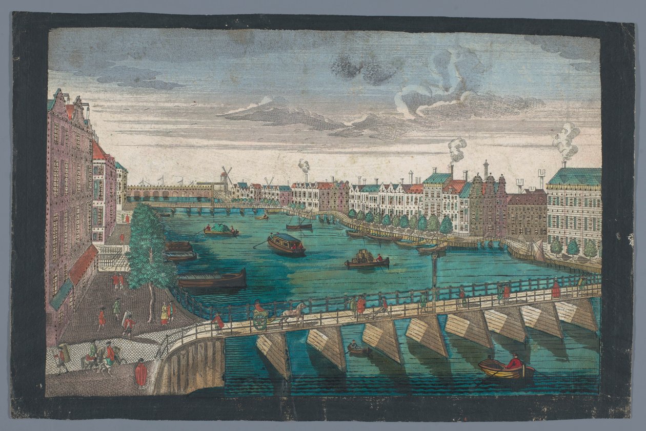 Näkymä Binnen-Amstelille Blauwbrugin ja Hogesluisin välillä Amsterdamissa Die Amstel von innen nach der blauen Brücke gegen der Wasser Schleuße zu Amsterdam (otsikko esineessä) tekijältä Georg Balthasar Probst
