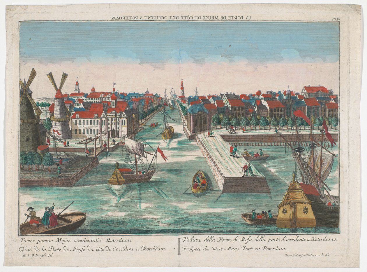 Näkymä Wester Nieuwe Hoofdpoortille ja Ooster Nieuwe Hoofdpoortille Rotterdamissa Prospect der West-Maas Port zu Rotterdam (otsikko esineessä) Rotterdam (sarjan nimi) tekijältä Georg Balthasar Probst