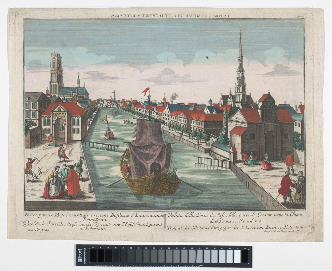 Näkymä Wester Oude Hoofdpoortille ja Ooster Oude Hoofdpoortille Rotterdamissa Prospect der Ost Maas Port, gegen der S.Lorenzen Kirch zu Roterdam (otsikko esineessä) Rotterdam (sarjan nimi) tekijältä Georg Balthasar Probst
