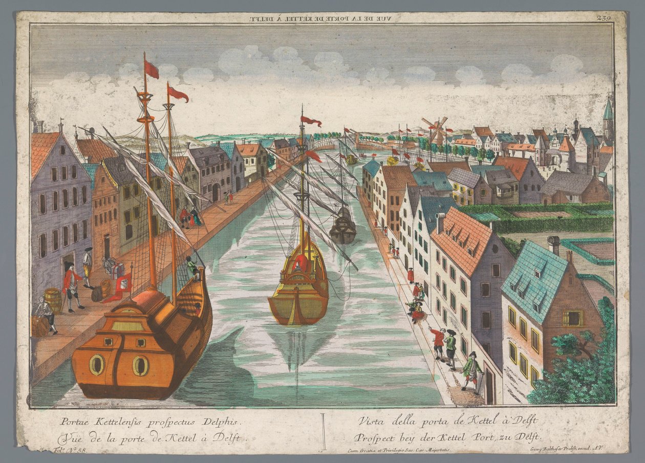Näkymä kanavalle Ketelpoortin läheisyydessä Delftissä Prospect bey der Kettel Port, zu Delft (otsikko esineessä) Delft (sarjan nimi) tekijältä Georg Balthasar Probst