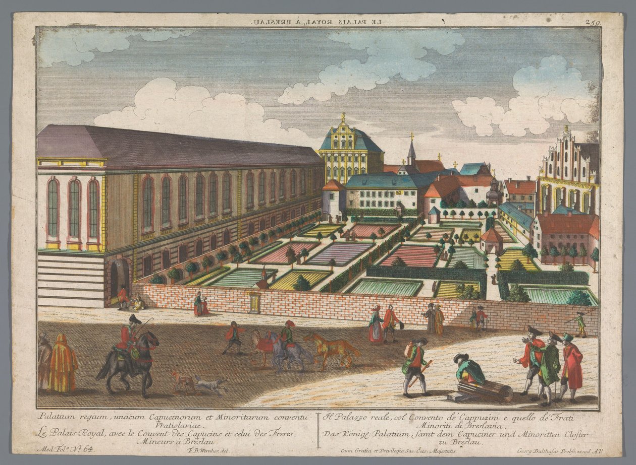 Näkymä kuninkaallisesta palatsista ja pienkapusiinien luostarista Wroclawissa Das Könige Palatium, samt dem Capuciner und Minoritten Closter zu Breslau (otsikko esineessä) Wroclaw (sarjan nimi) tekijältä Georg Balthasar Probst