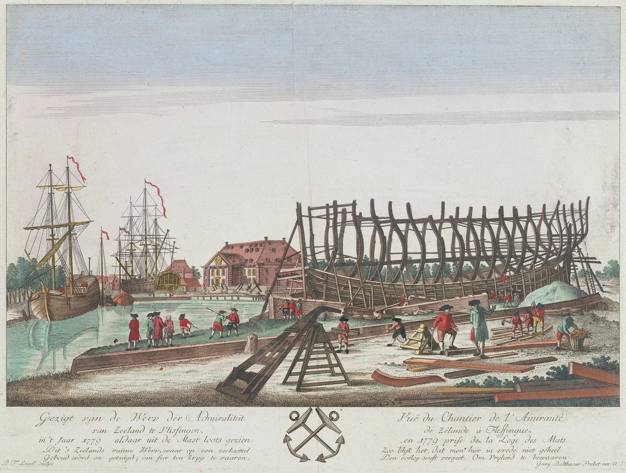 Näkymä Zeelandin amiraliteetin telakalle Vlissingenissä vuonna 1779. Litografia (36,3x49,1 cm), Leizelin kaiverrus Georg Balthasar Probstin (1732-1801) piirroksen pohjalta. tekijältä Georg Balthasar Probst