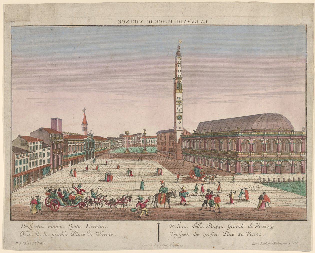 Näkymä Vicenzan Piazza dei Signorille hevoskärryillä ja hahmoilla ..., n. 1750-1801. tekijältä Georg Balthasar Probst