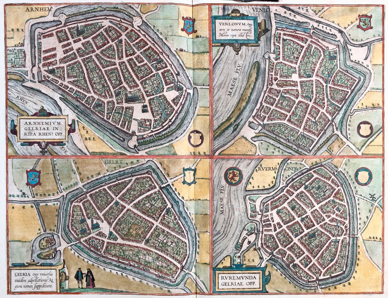 Arnhem, Geltre, Venlo, Roermond - Alankomaat- Georg Braunin "Civitates Orbis Terrarum", Köln 1617. tekijältä Georg Braun