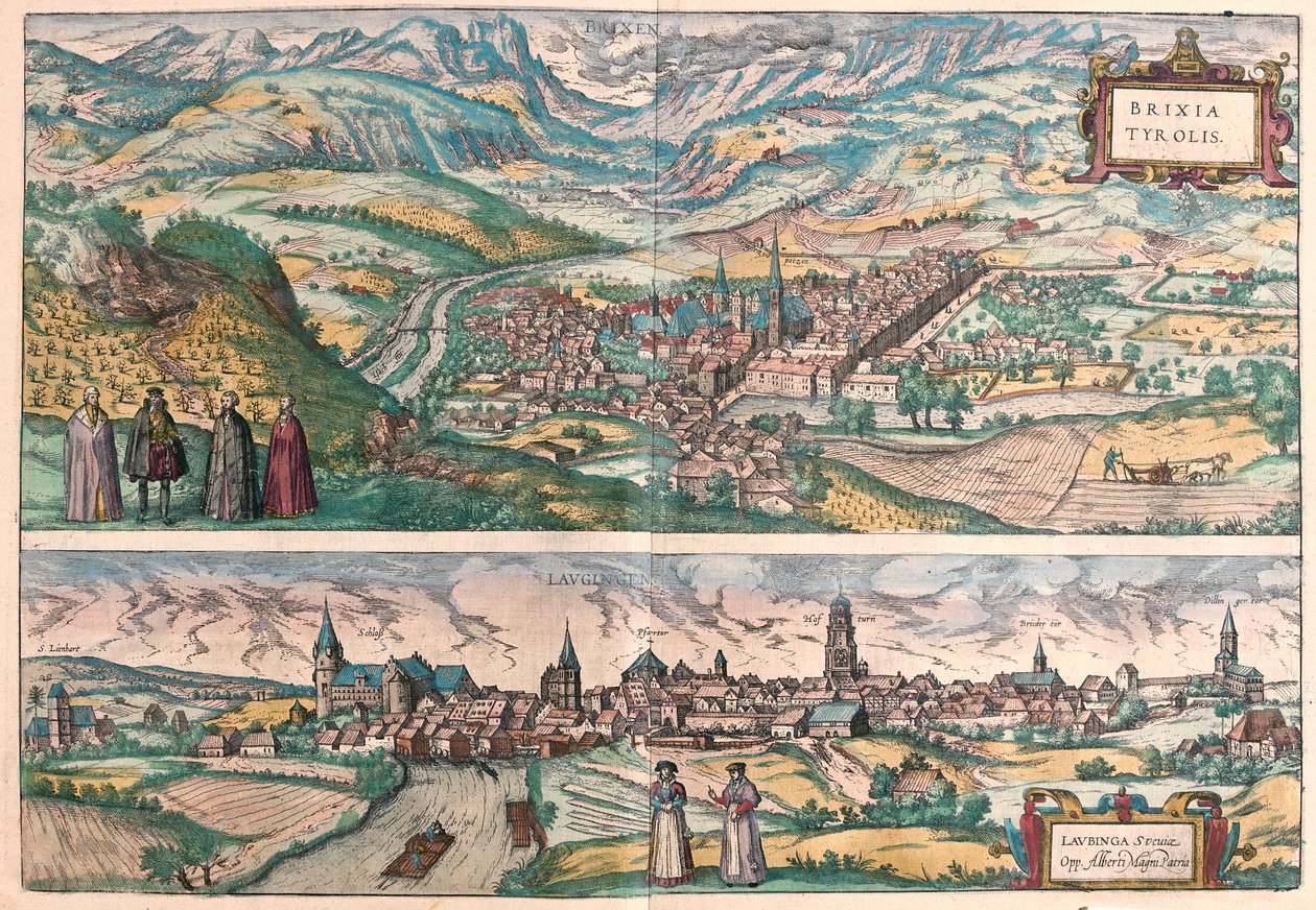 Bressanone, Italia - Lauingen, Donau, Saksa - Georg Braunin "Civitates Orbis Terrarum", Köln 1617. tekijältä Georg Braun