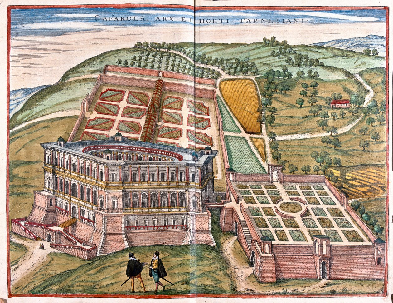 Caprarola ja puutarhat, Italia - teoksessa "Civitates Orbis Terrarum", Georg Braun, Köln 1617. tekijältä Georg Braun