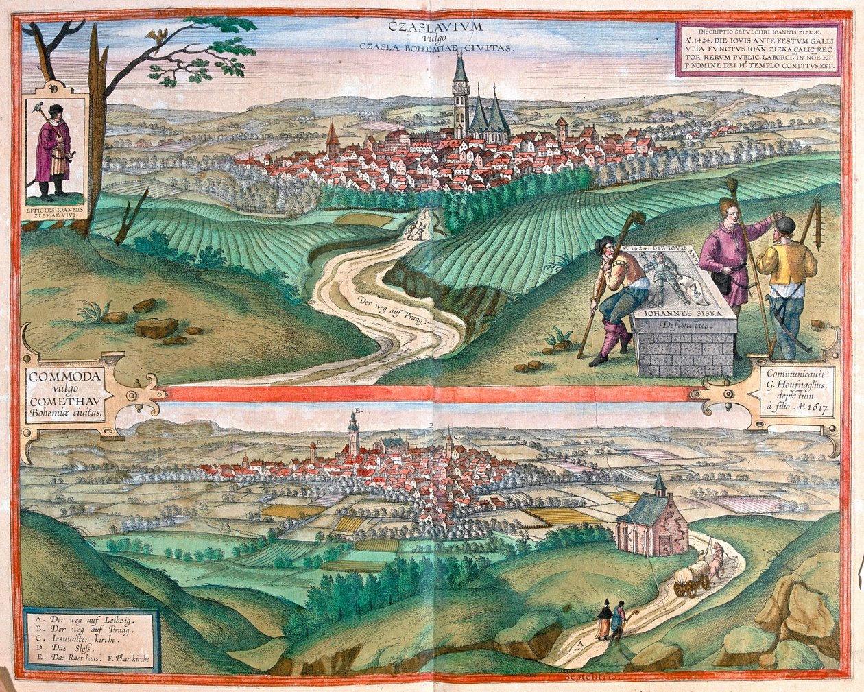Caslav (Böömi) - Chomutov, Tšekin tasavalta- Georg Braunin "Civitates Orbis Terrarum", Köln 1617. tekijältä Georg Braun