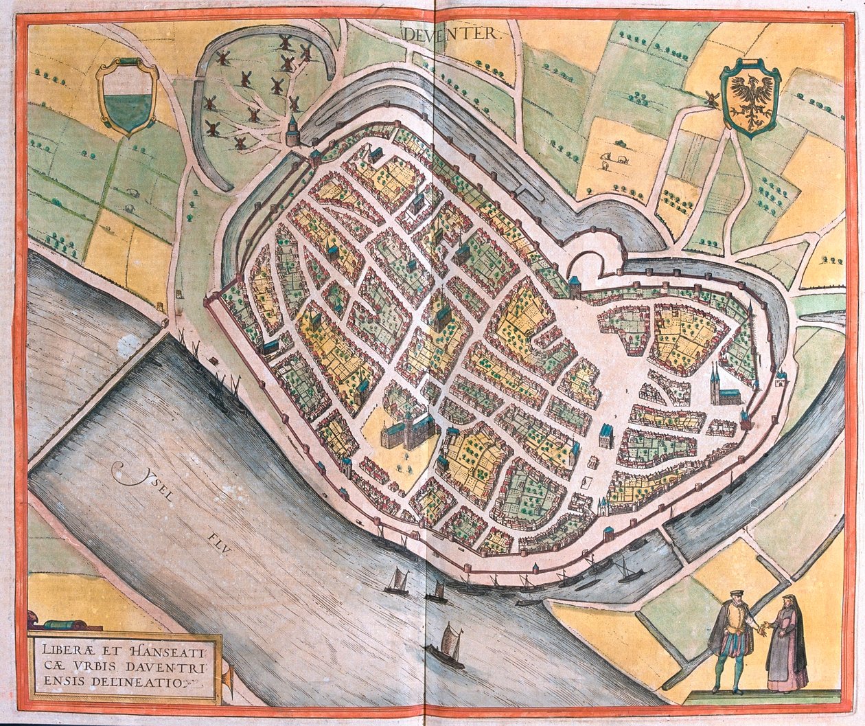 Deventer, Alankomaat - Georg Braunin teoksessa "Civitates Orbis Terrarum", Köln 1617. tekijältä Georg Braun