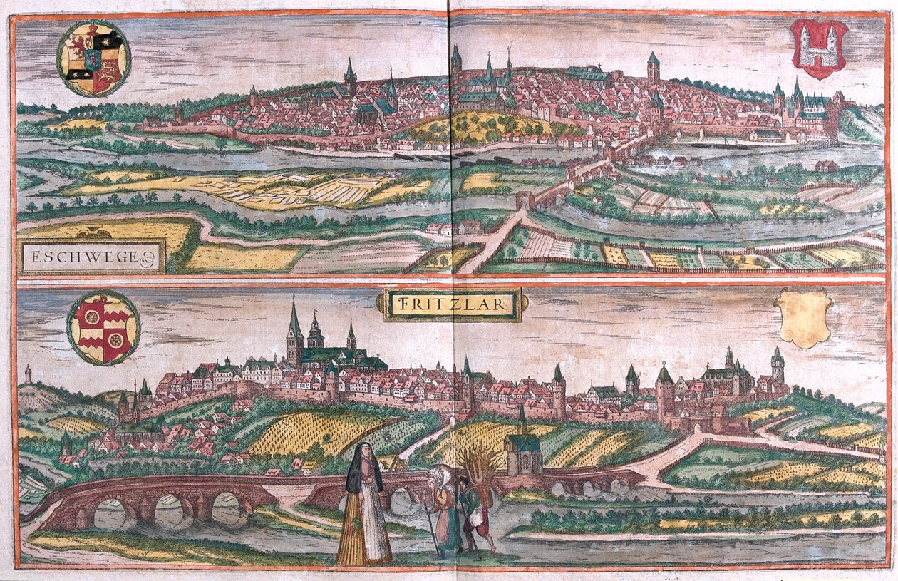 Eschwege ja Fritzlar, Saksa- Georg Braunin teoksessa "Civitates Orbis Terrarum", Köln 1617. tekijältä Georg Braun