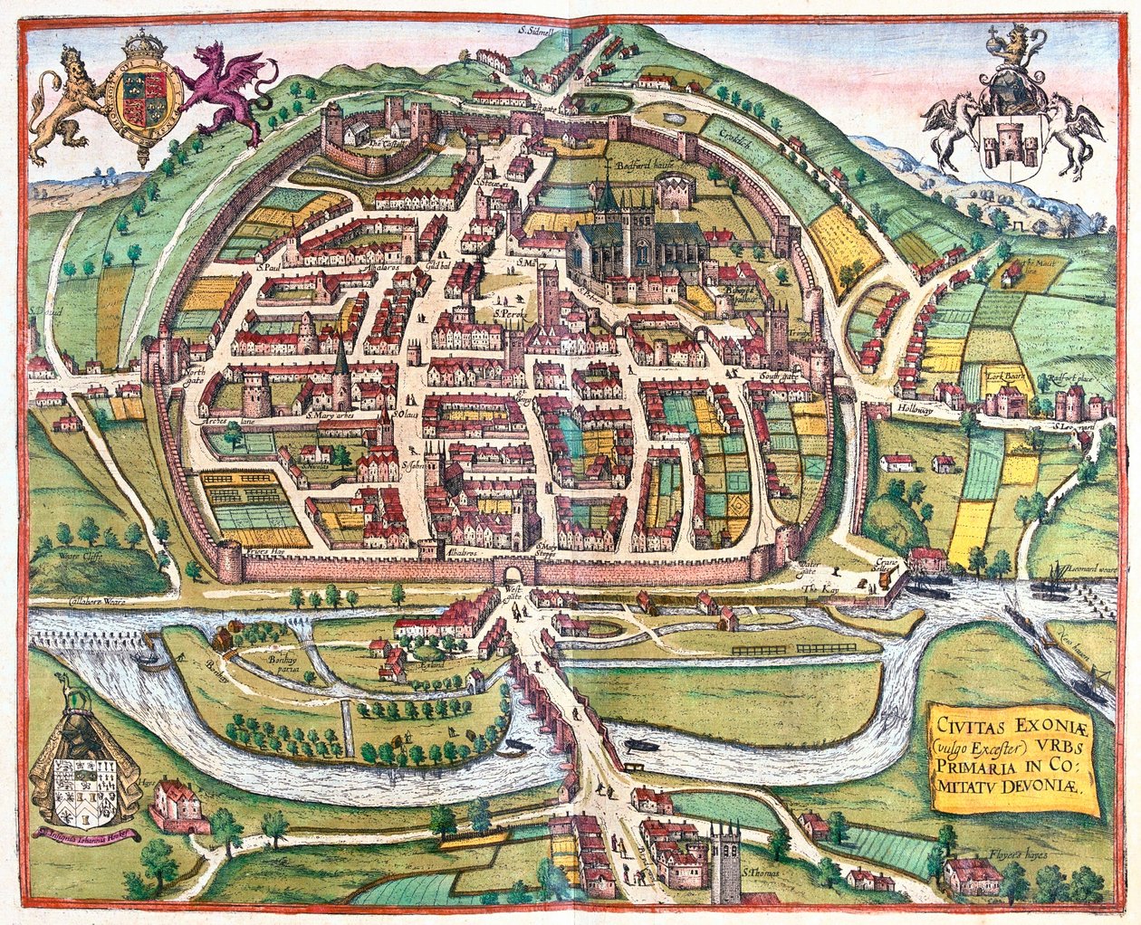 Exter, Englanti - Georg Braunin teoksessa "Civitates Orbis Terrarum", Köln 1617. tekijältä Georg Braun