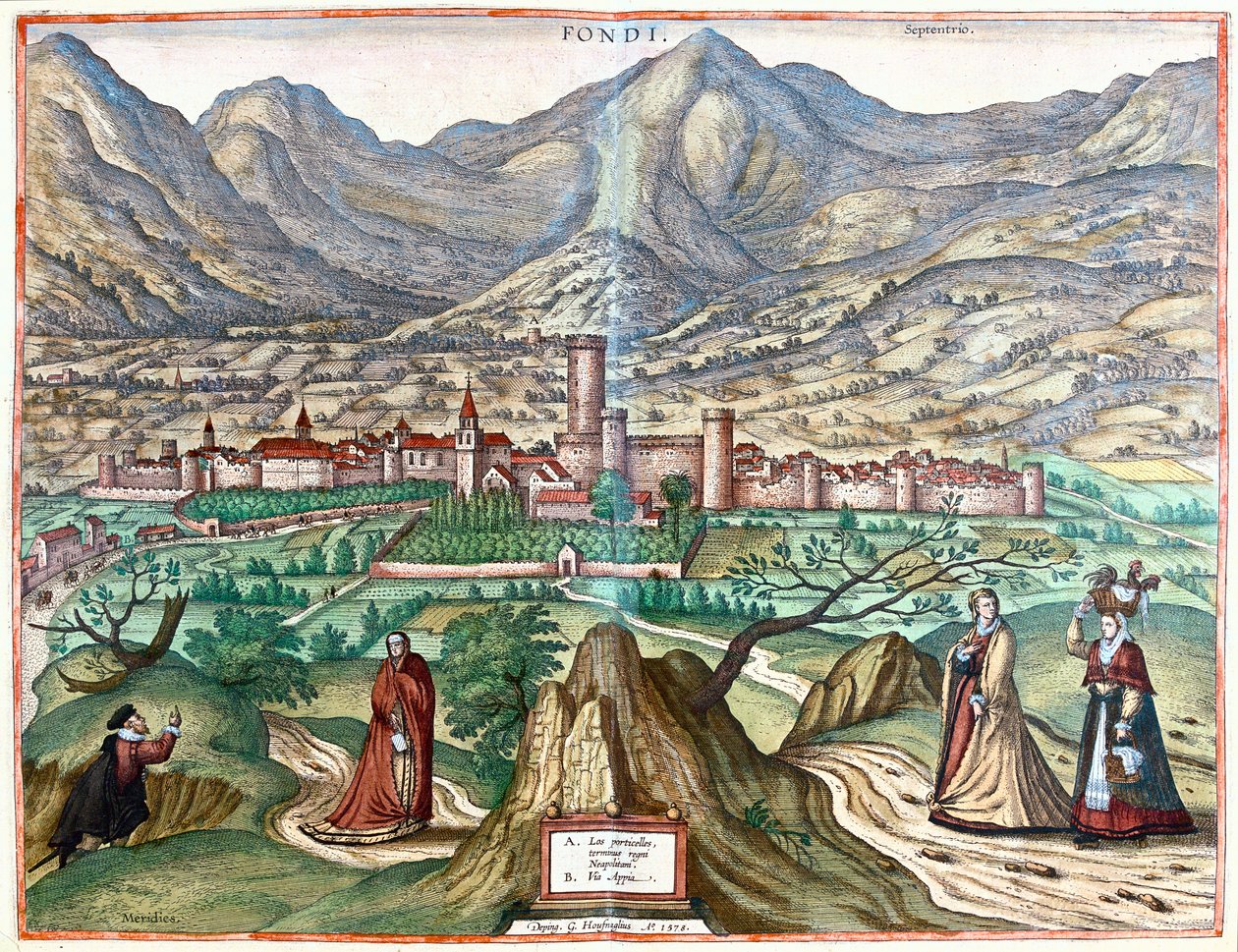 Fondi (roomalainen maa), Italia - teoksessa "Civitates Orbis Terrarum", Georg Braun, Köln 1617. tekijältä Georg Braun