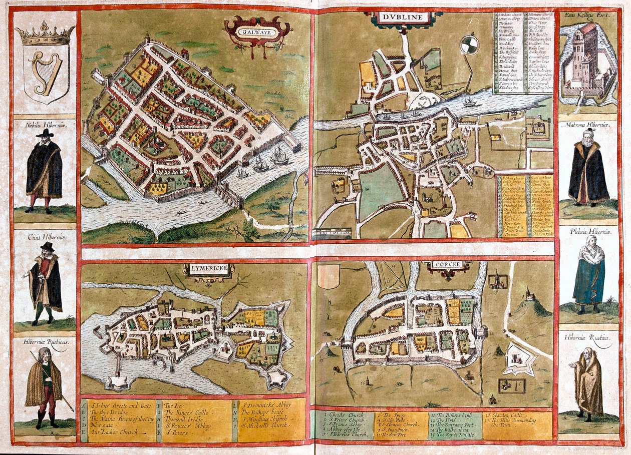 Galway, Dublin, Limerick ja Cork, Englanti - Georg Braunin "Civitates Orbis Terrarum", Köln 1617. tekijältä Georg Braun