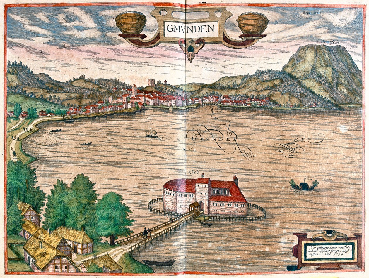 Gmunden, Itävalta - Georg Braunin teoksessa "Civitates Orbis Terrarum", Köln 1617. tekijältä Georg Braun