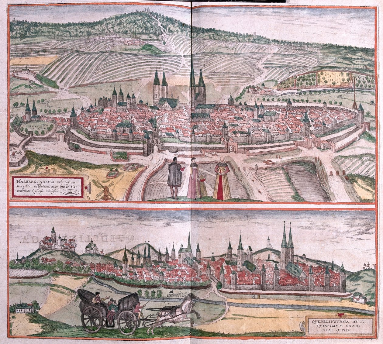 Halberstadt ja Quedlinburg, Saksa - Georg Braunin teoksessa "Civitates Orbis Terrarum", Köln 1617. tekijältä Georg Braun