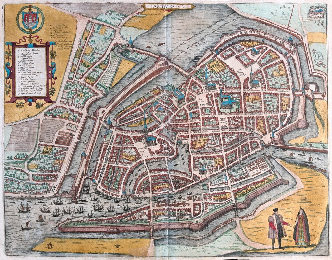 Hampuri, Saksa - Georg Braunin teoksessa "Civitates Orbis Terrarum", Köln 1617. tekijältä Georg Braun