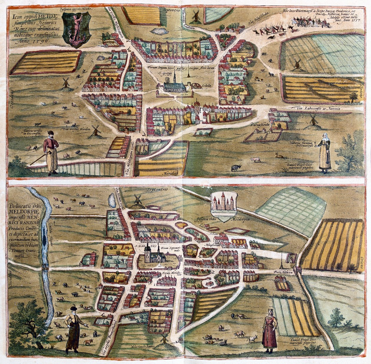 Heide ja Meldorf, Saksa - Georg Braunin "Civitates Orbis Terrarum", Köln 1617. tekijältä Georg Braun