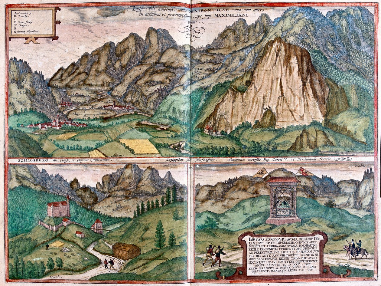 Inn Valley - Schlosberg - Keisari Maximilian I:n luola - Itävalta - teoksessa "Civitates Orbis Terrarum", Georg Braun, Köln 1617. tekijältä Georg Braun