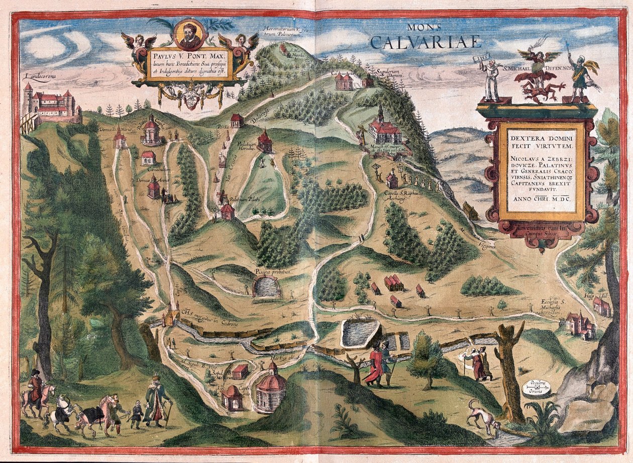 Kalwarya Zebrzydowka (Krakovan kaakkoispuolella), Puola - Georg Braunin "Civitates Orbis Terrarum" -teoksessa, Köln 1617. tekijältä Georg Braun