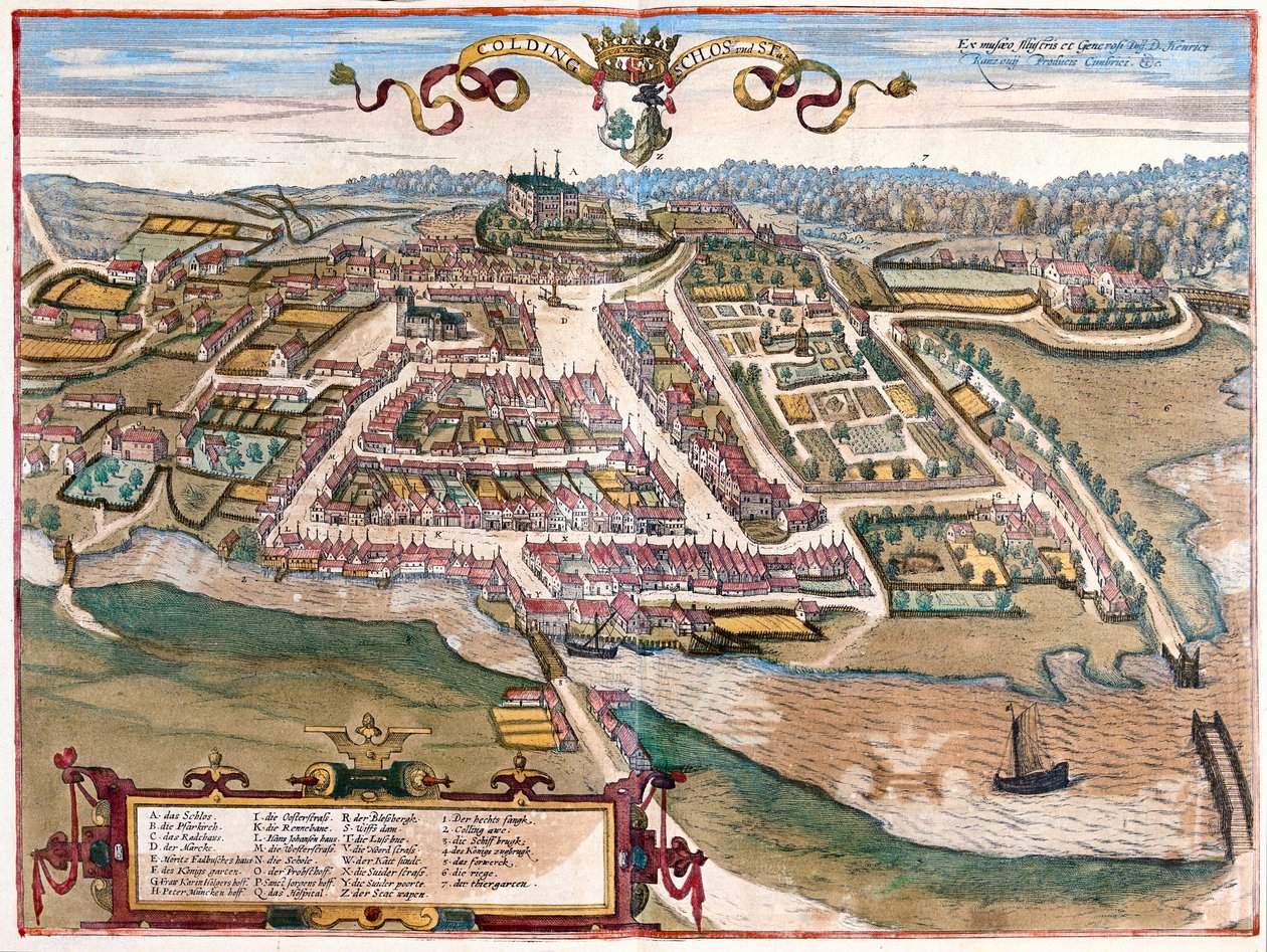 Kolding, Tanska - Georg Braunin teoksessa "Civitates Orbis Terrarum", Köln 1617. tekijältä Georg Braun