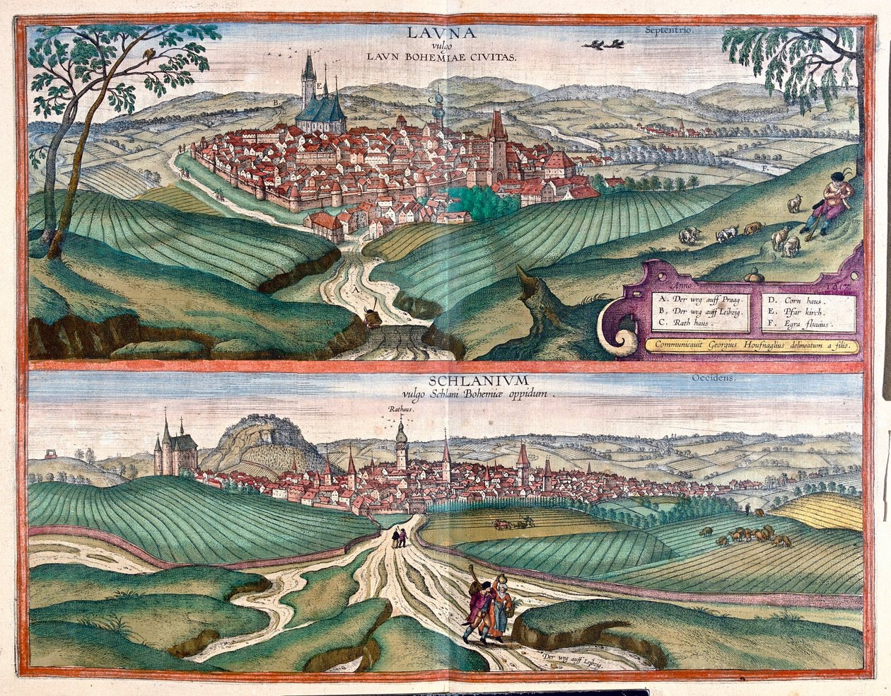 Louny (Böömi) - Slany, Tšekin tasavalta- Georg Braunin "Civitates Orbis Terrarum", Köln 1617. tekijältä Georg Braun