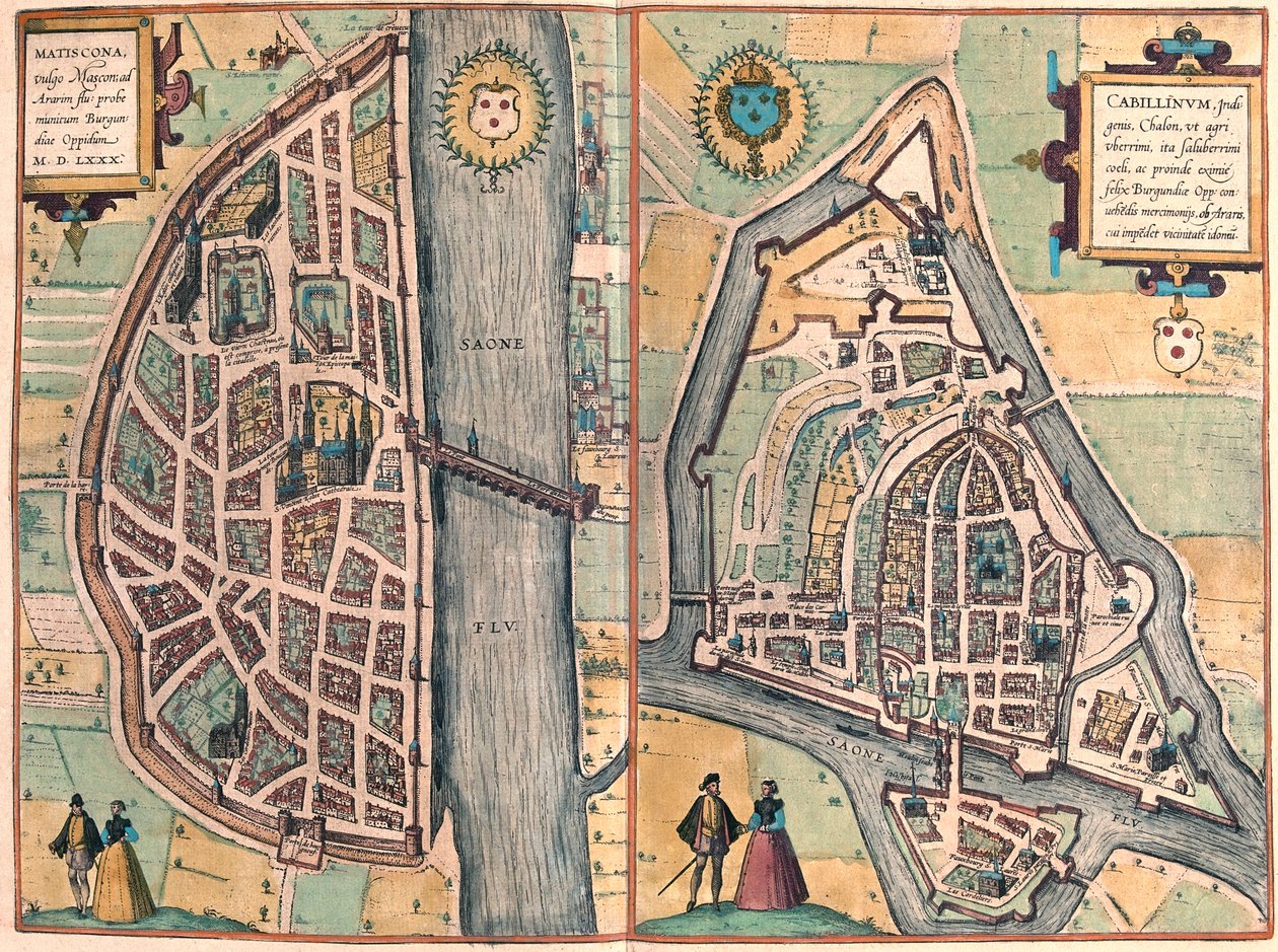 Macon - Chalons sur Saone, Ranska - Georg Braunin "Civitates Orbis Terrarum" -teoksessa, Köln 1617. tekijältä Georg Braun