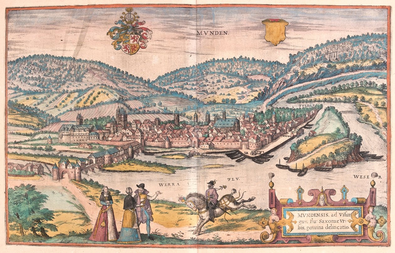Munden, Hanoversch, Saksa - Georg Braunin teoksessa "Civitates Orbis Terrarum", Köln 1617. tekijältä Georg Braun