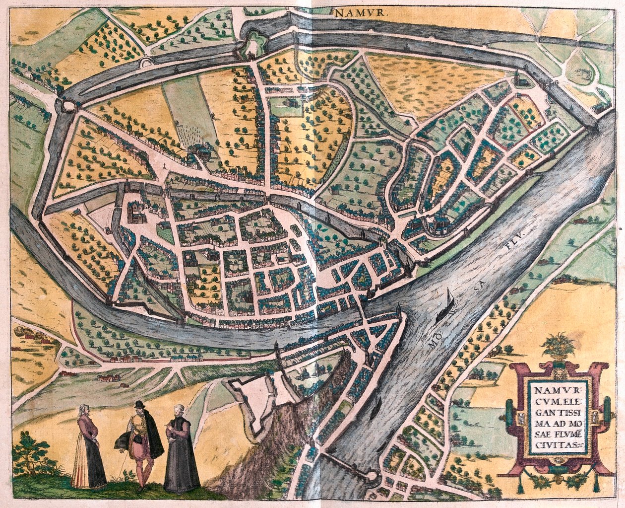 Namur ja Mosa-joki, Belgia - Georg Braunin teoksessa "Civitates Orbis Terrarum", Köln 1617. tekijältä Georg Braun