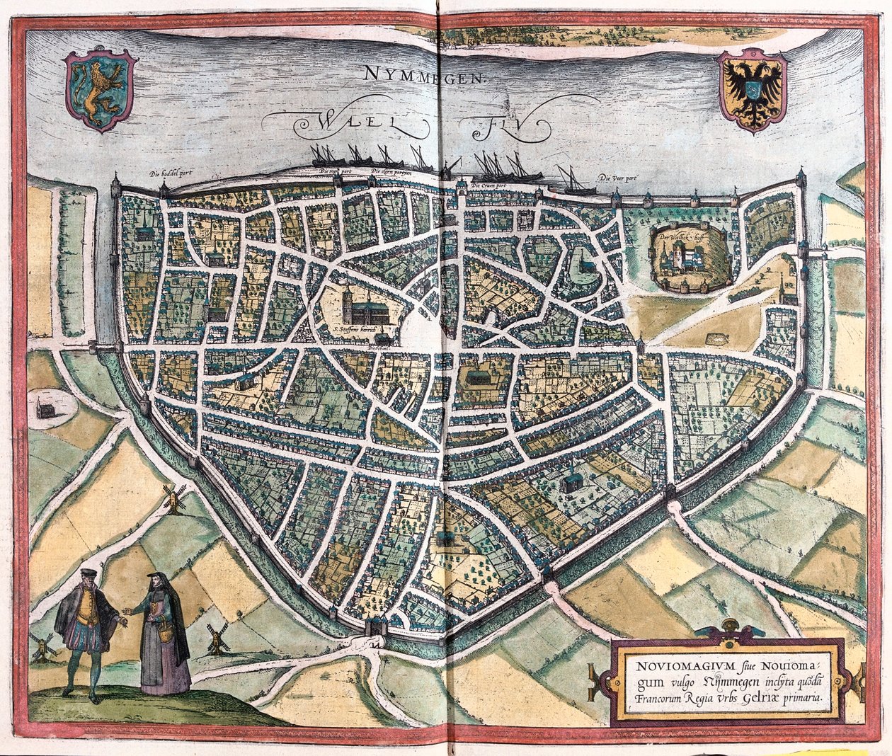 Nijmegen - Alankomaat, Georg Braunin teoksessa "Civitates Orbis Terrarum", Köln 1617. tekijältä Georg Braun
