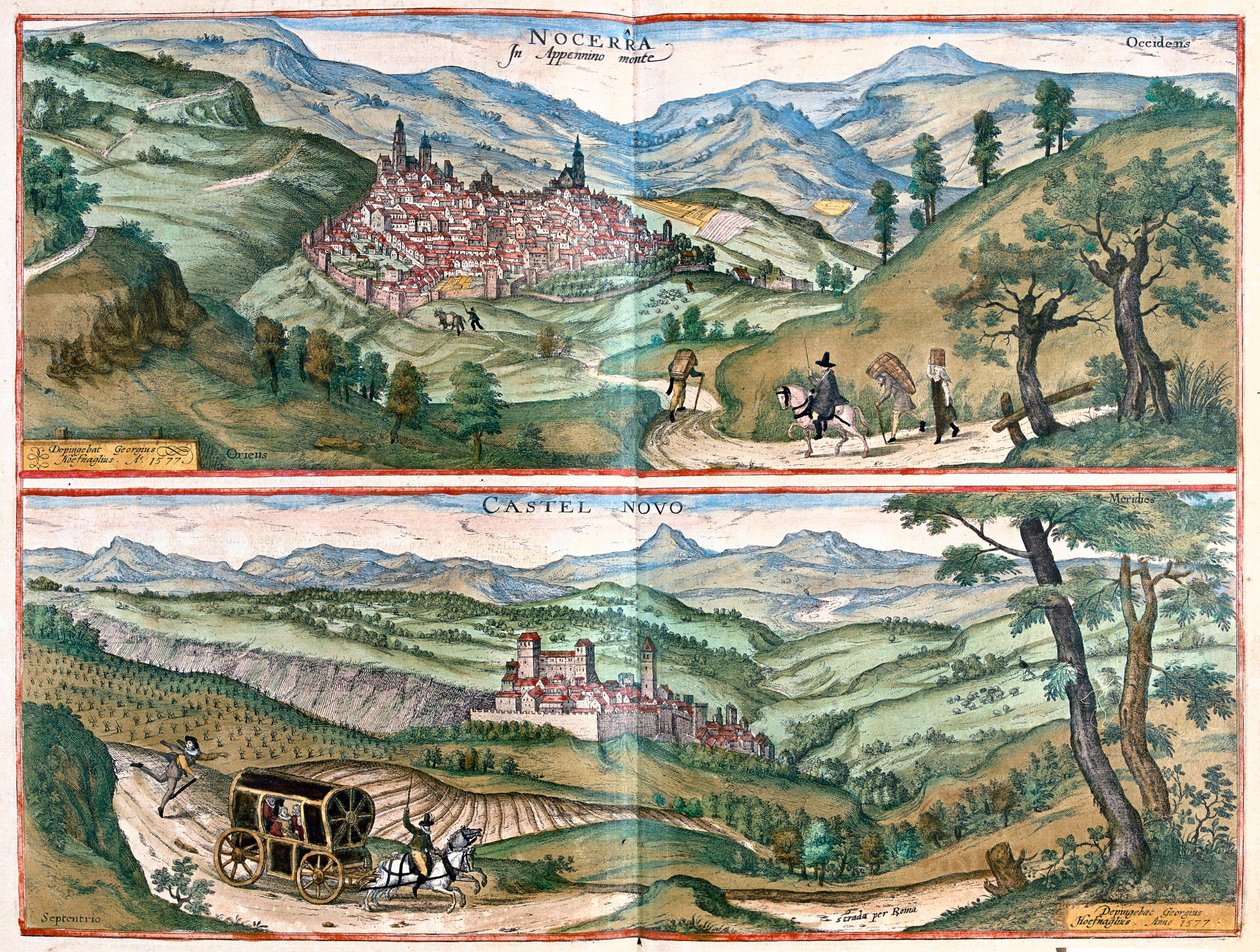 Nocera Umbra - Castelnuovo di Porto, Italia - teoksessa "Civitates Orbis Terrarum", Georg Braun, Köln 1617. tekijältä Georg Braun