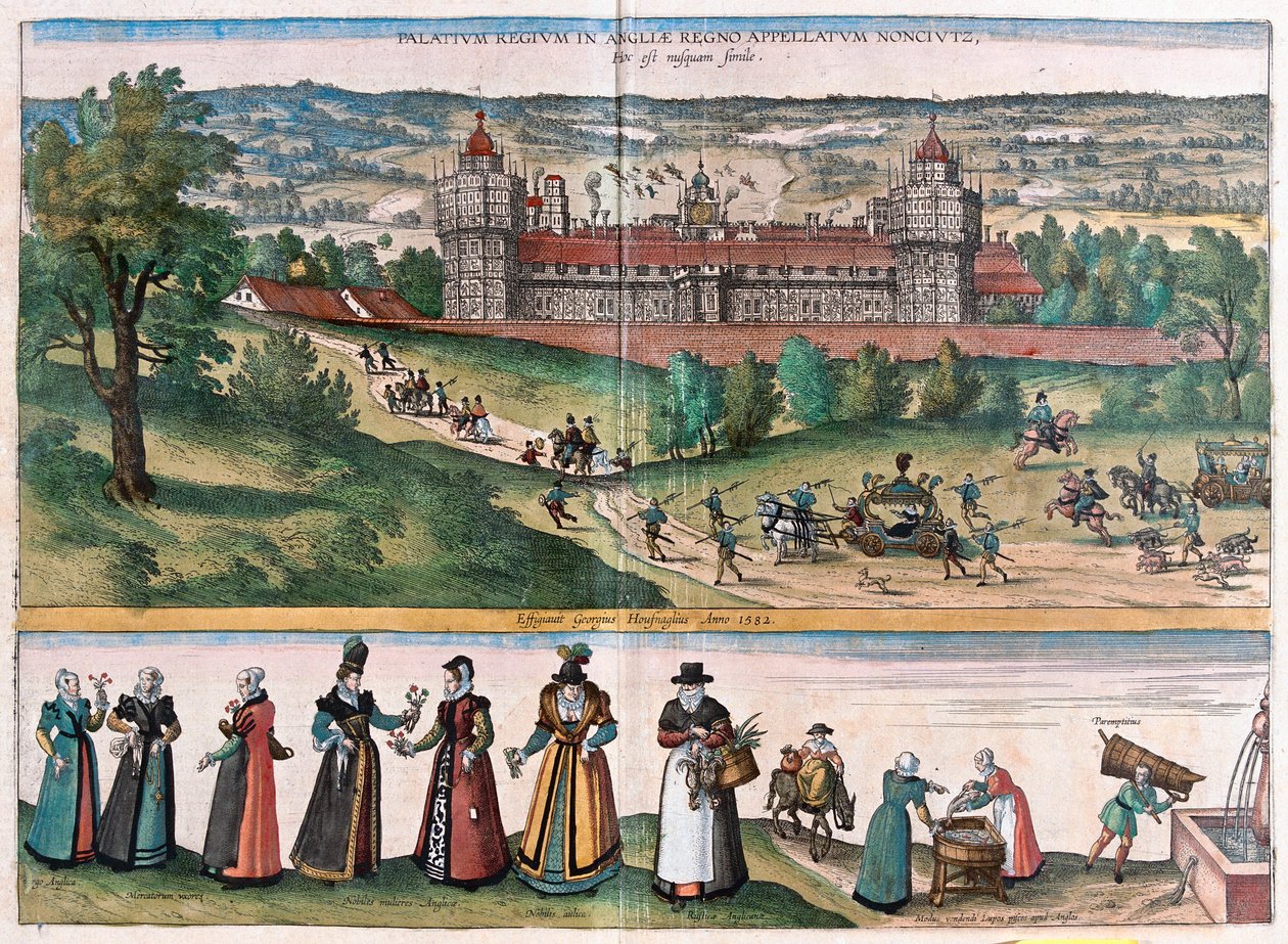 Nonsuch (palatsi Surreyssä), Englanti - Georg Braunin teoksessa "Civitates Orbis Terrarum", Köln 1617. tekijältä Georg Braun