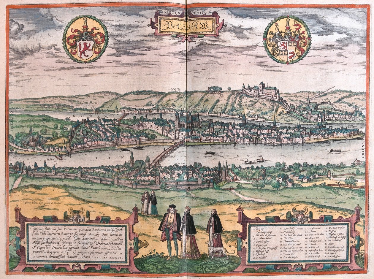 Passau, Saksa - Georg Braunin teoksessa "Civitates Orbis Terrarum", Köln 1617. tekijältä Georg Braun