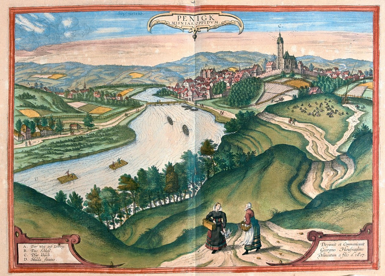 Penig, Saksa - teoksessa "Civitates Orbis Terrarum", kirjoittanut Georg Braun, Köln 1617. tekijältä Georg Braun
