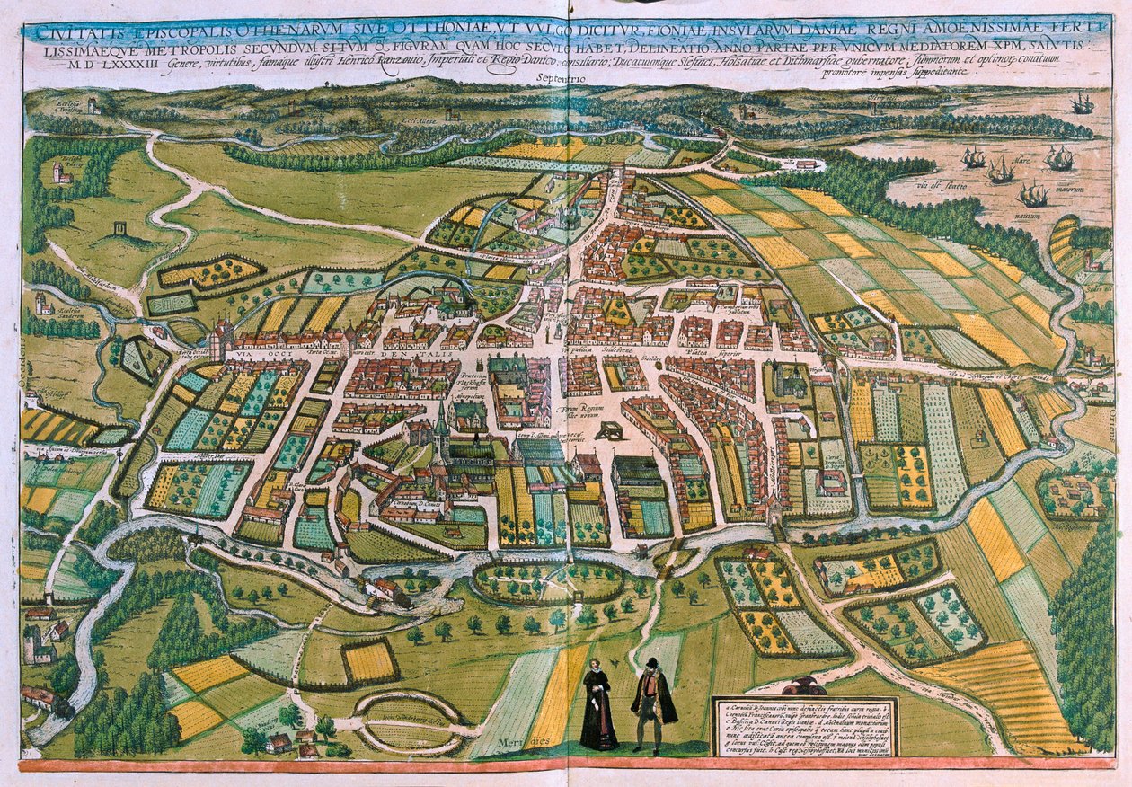 Tanskan Odensen suunnitelma Georg Braunin teoksessa "Civitates Orbis Terrarum", Köln 1617. tekijältä Georg Braun