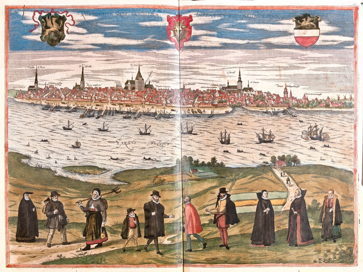 Rostock, Saksa - Georg Braunin teoksessa "Civitates Orbis Terrarum", Köln 1617. tekijältä Georg Braun