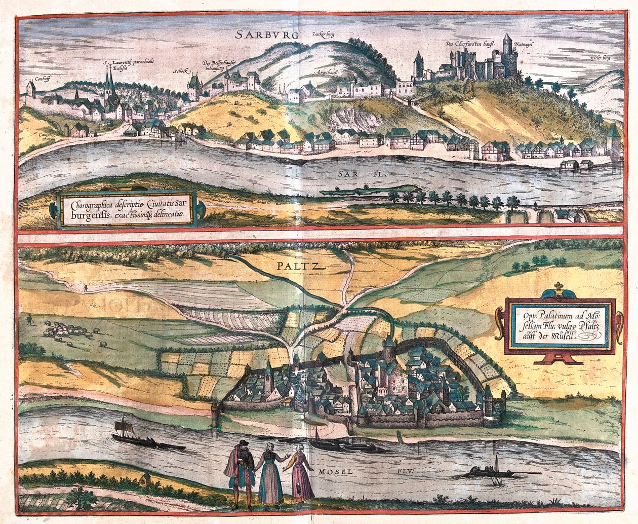 Saarburg, Pfalzel, Saksa - Georg Braunin teoksessa "Civitates Orbis Terrarum", Köln 1617. tekijältä Georg Braun