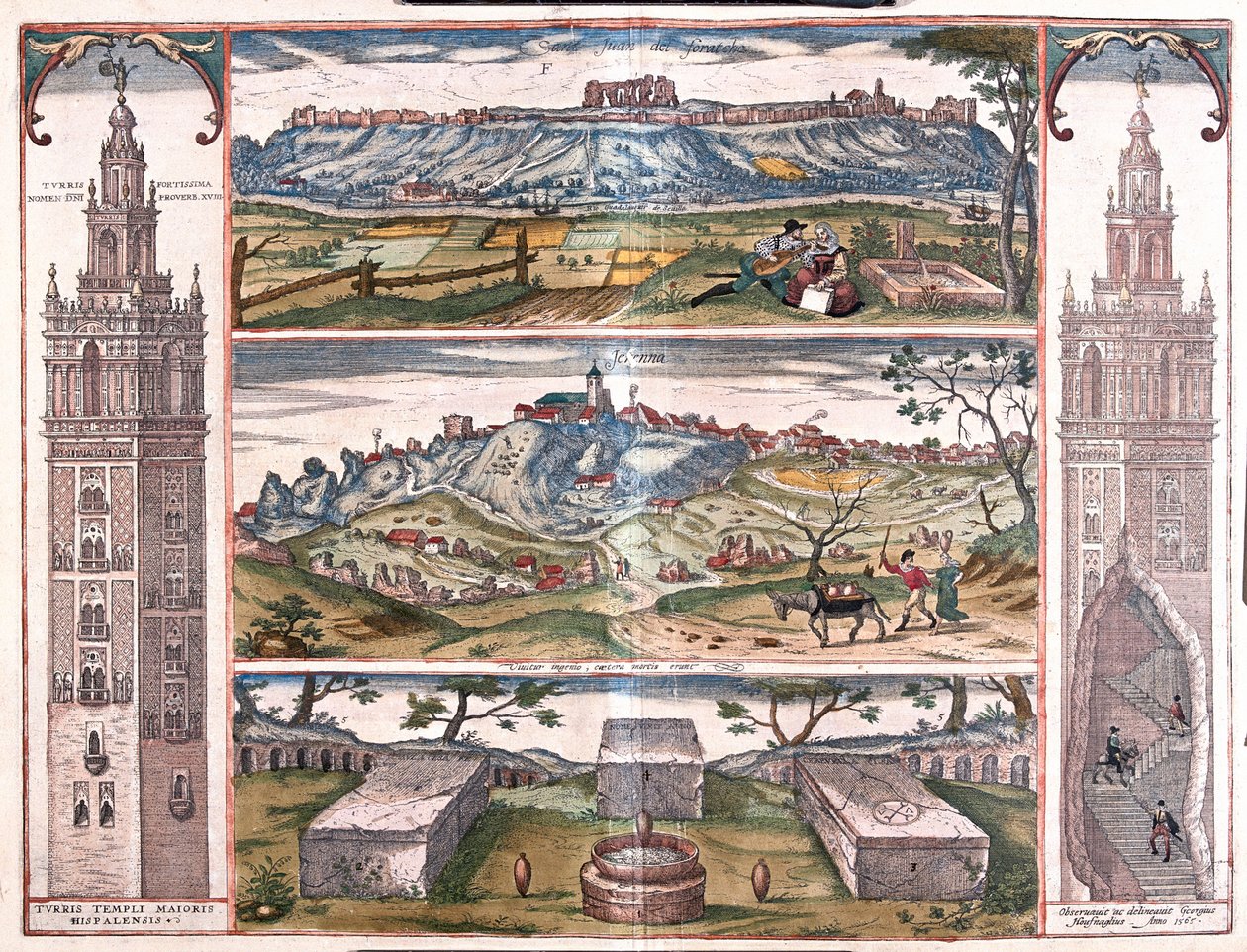 Seviglia - Gerena (Sevillan Giralda) - 5 näkymää San Juanista Guadalquivirin varrella, 3 roomalaista hautaa ja torni sivussa, teoksessa "Civitates Orbis Terrarum", Georg Braun, Köln 1617. tekijältä Georg Braun
